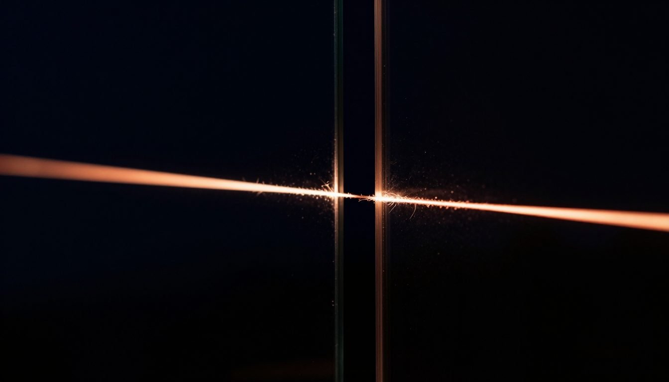 A copper thread of light passing cleanly from one dark panel into the next