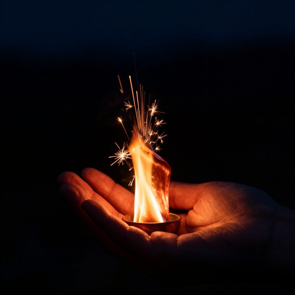 A small flame held in an open hand, sparks rising