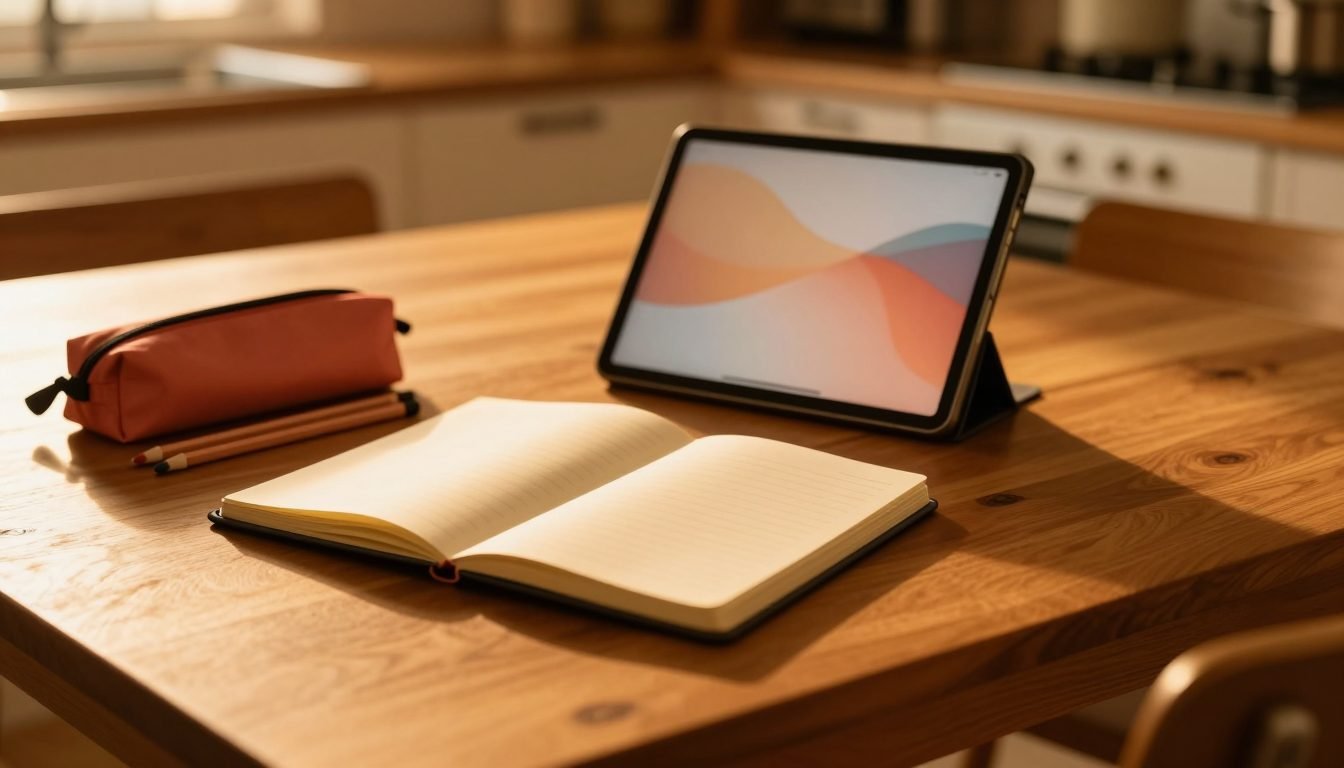 A kitchen table in morning light with an open notebook and a tablet