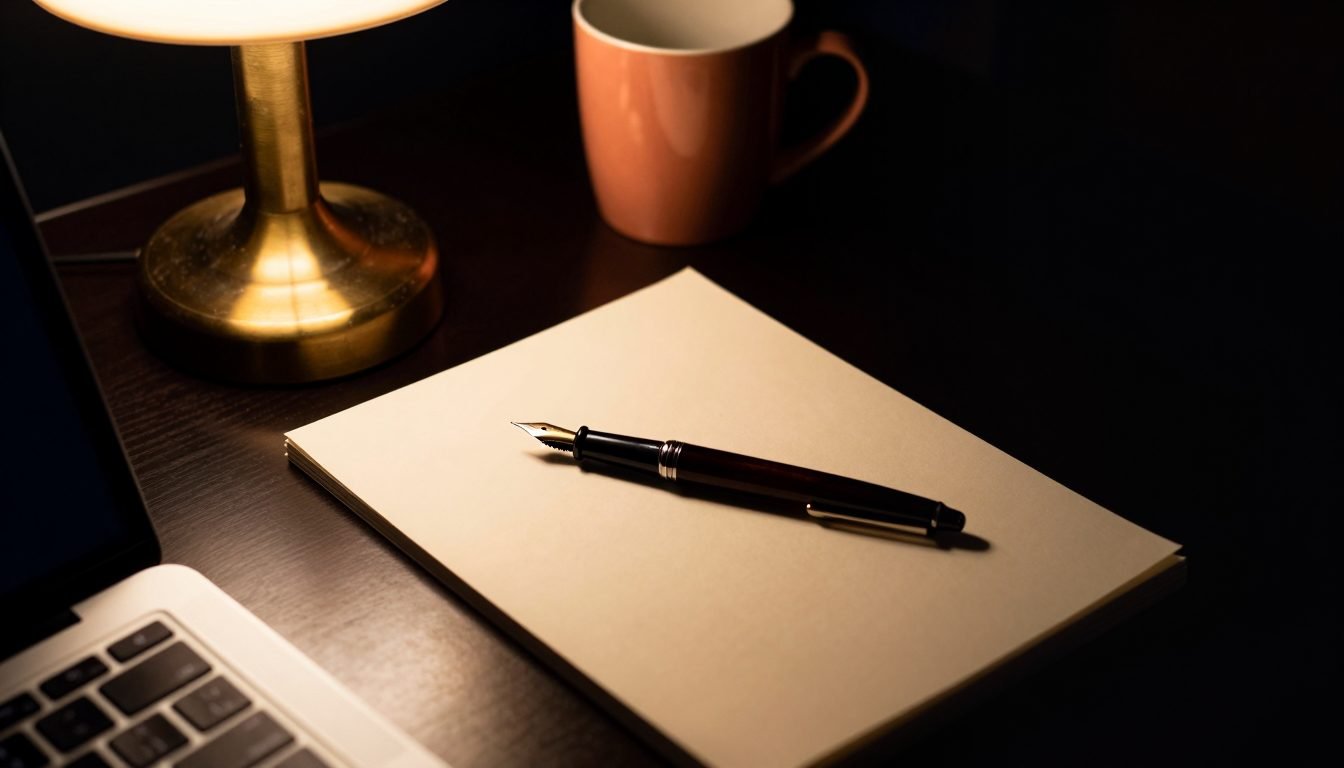 A writer's desk at night: paper, a pen, a warm lamp