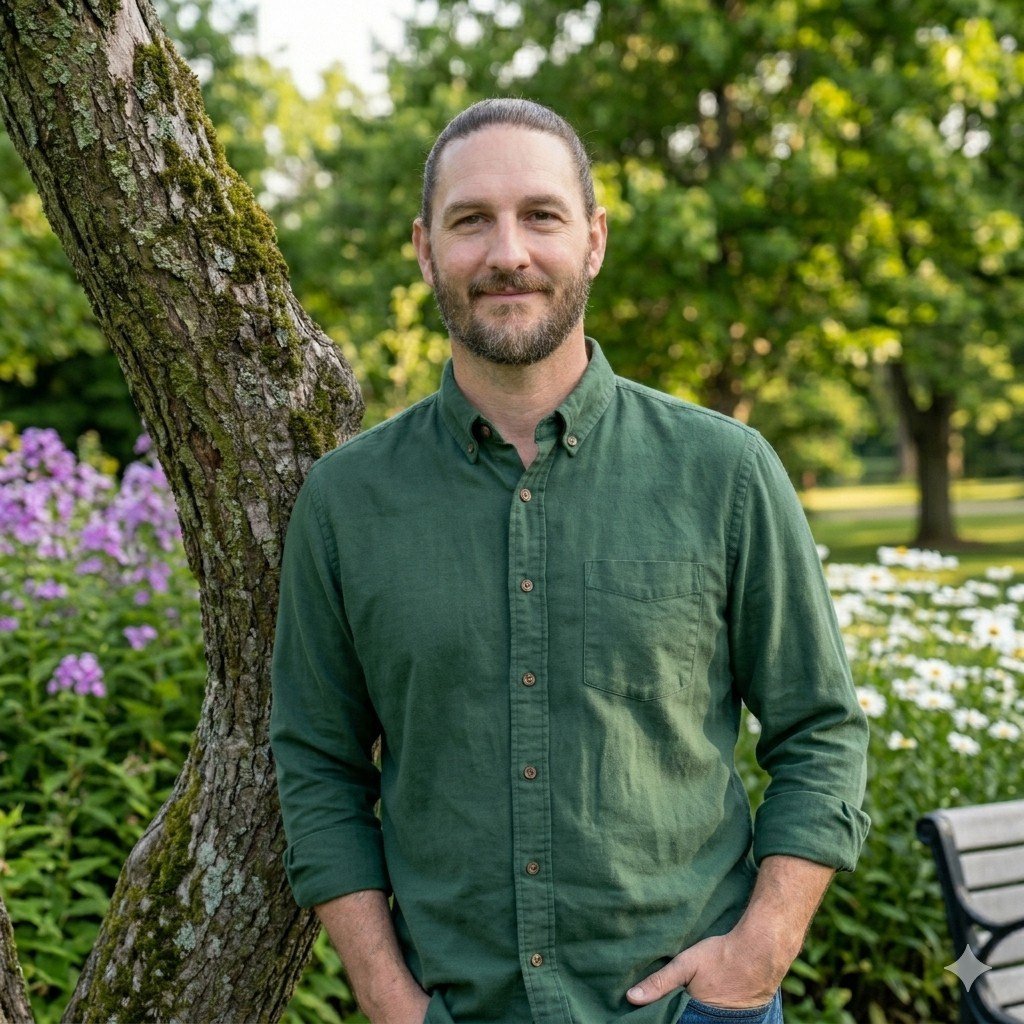 Steven Makarion, leaning against a tree in a green shirt